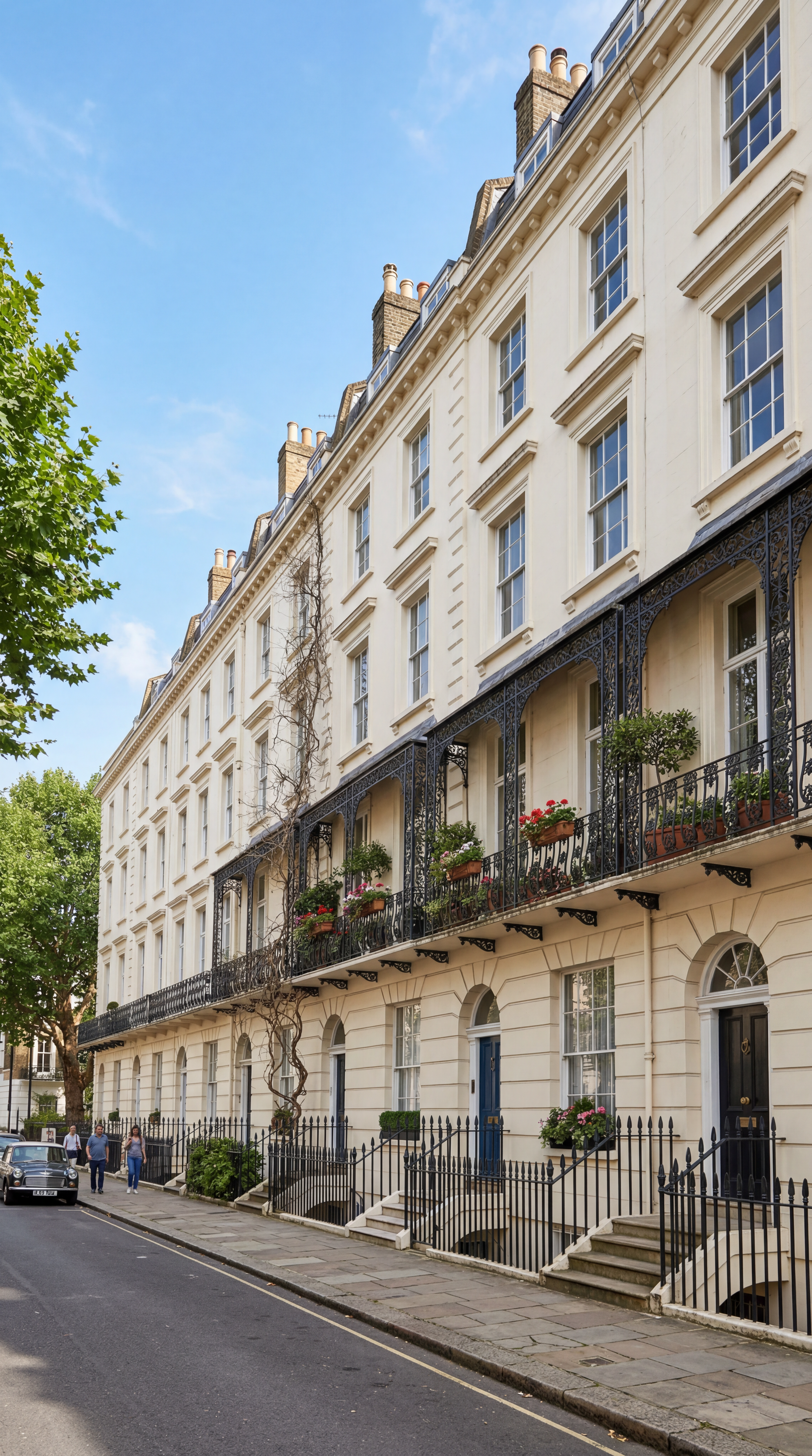 A low-angle view up a quiet Belgravia street, white stucco terraces on either side.