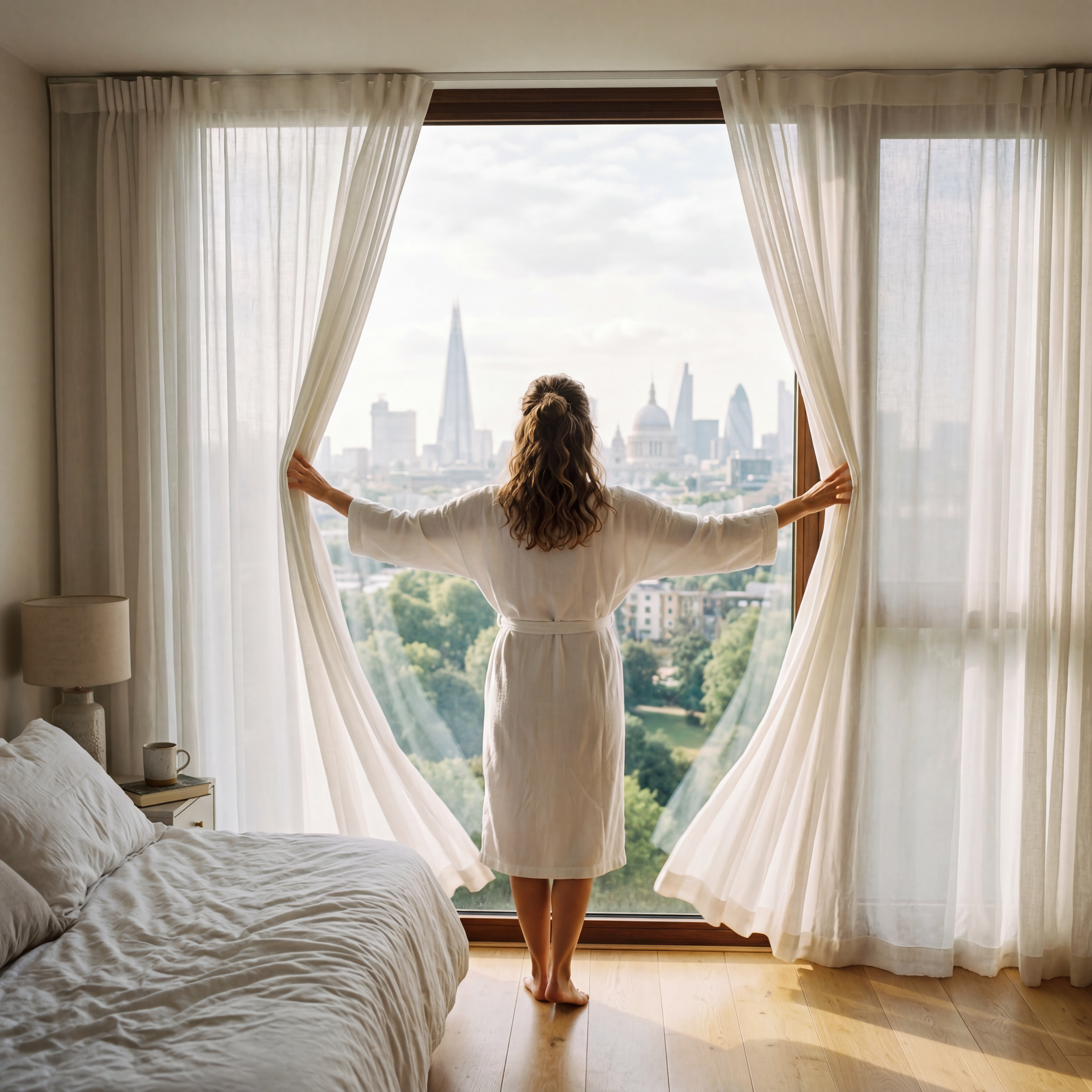 View through a tall sash window onto a soft London skyline at first light.