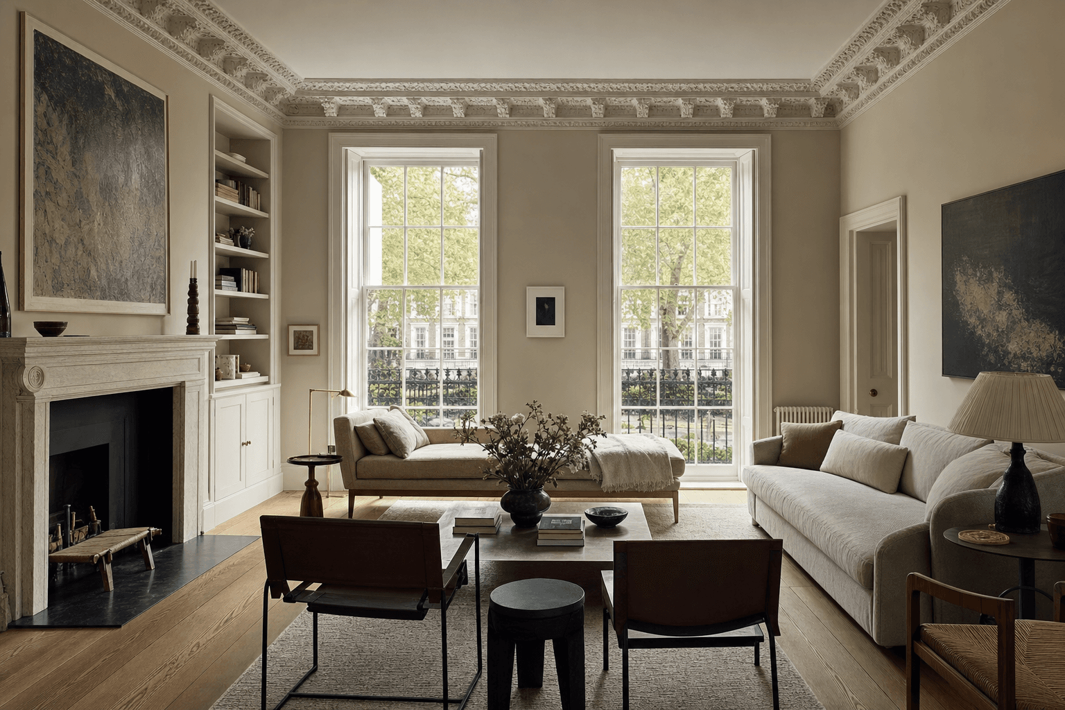 Elegant drawing room in a prime London townhouse overlooking a garden square.